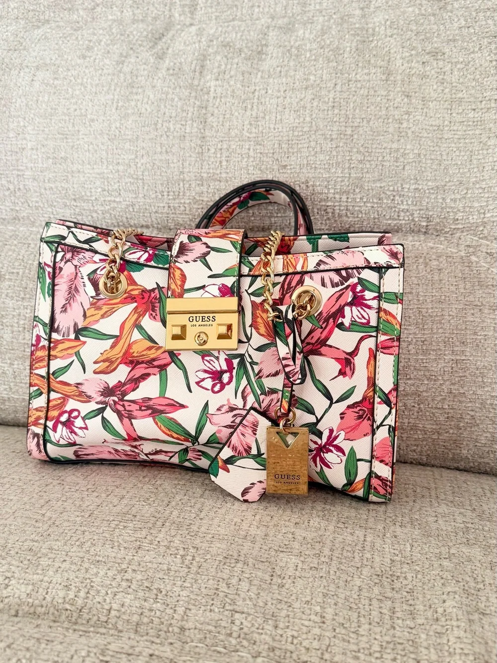 GUESS Floral Satchel in Pink with Gold Hardware